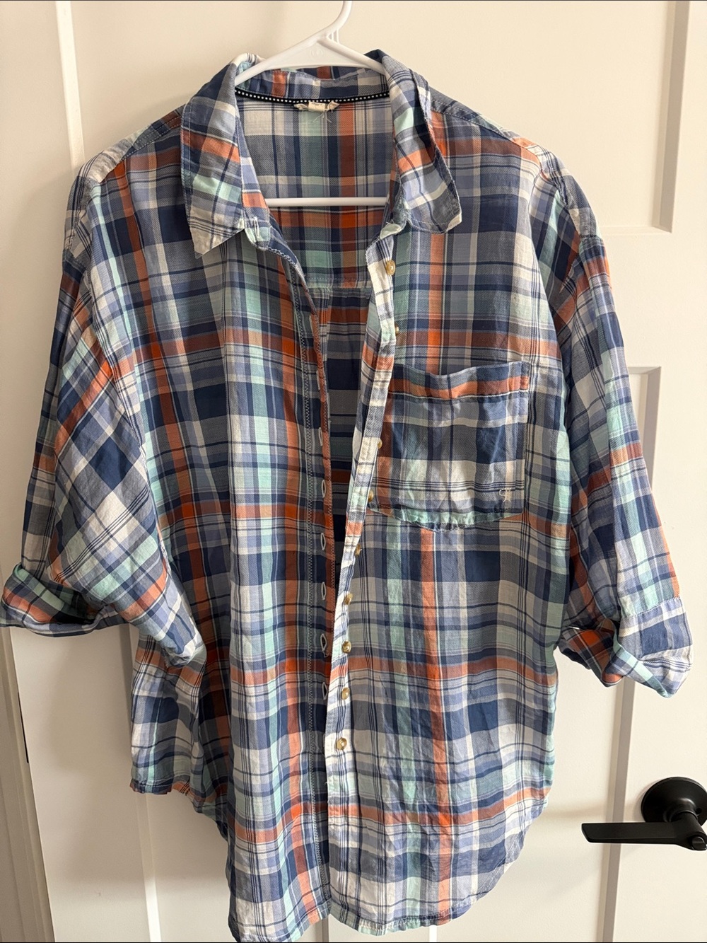 Pilcro Plaid Button-Down Shirt in Blue, Orange & Mint